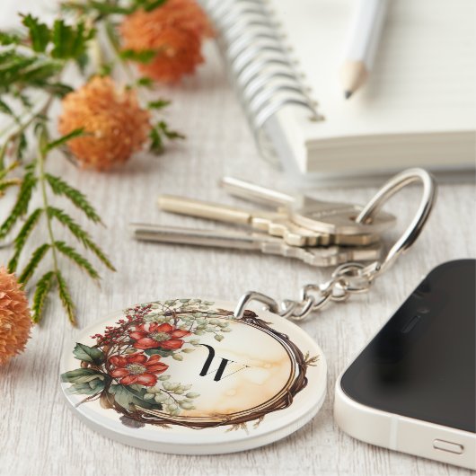 Rode bloem Twig krans bladeren rode bessen Sleutelhanger (Voorkant Rechts)