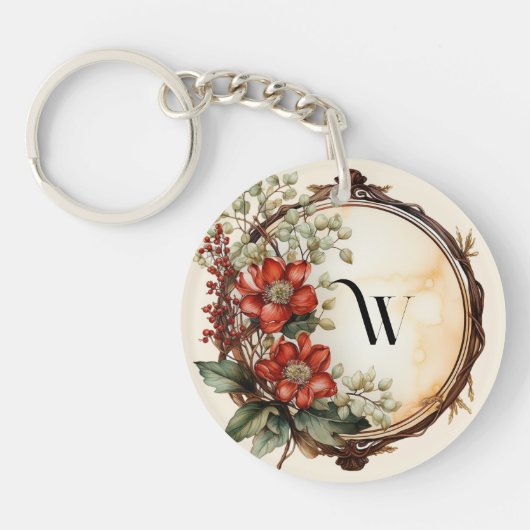 Rode bloem Twig krans bladeren rode bessen Sleutelhanger (Voorkant)