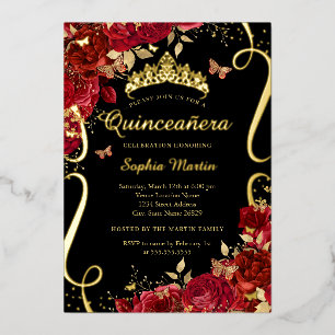 Rode bloem vlinder elegant gouden Quinceanera Folie Uitnodiging