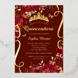 Rode Bloem Vlinder Elegante Quinceanera Folie Uitnodiging