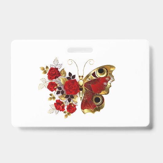 Rode bloem vlinder met rode rozen badge (Voorzijde)
