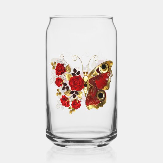 Rode bloem vlinder met rode rozen blikvorm glas (Voorkant)