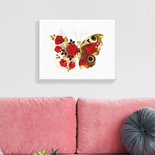 Rode bloem vlinder met rode rozen canvas afdruk (Insitu (Woonkamer))