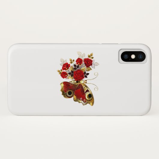 Rode bloem vlinder met rode rozen Case-Mate iPhone case (Achterkant (horizontaal))