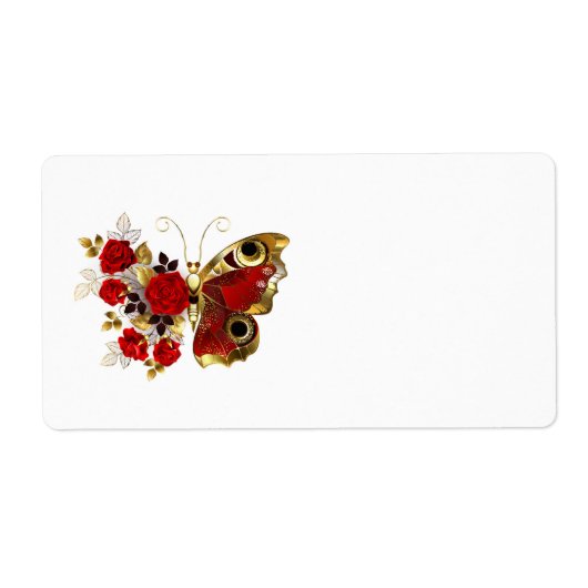 Rode bloem vlinder met rode rozen etiket (Voorkant)