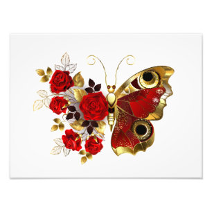 Rode bloem vlinder met rode rozen foto afdruk