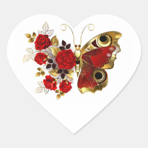 Rode bloem vlinder met rode rozen hart sticker