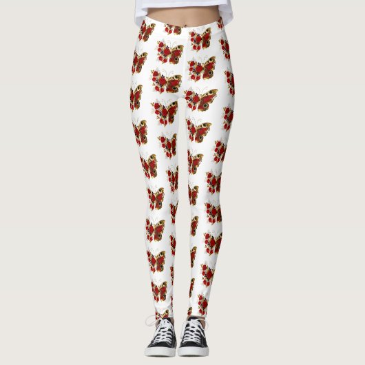 Rode bloem vlinder met rode rozen leggings (Voorkant)