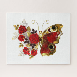 Rode bloem vlinder met rode rozen legpuzzel