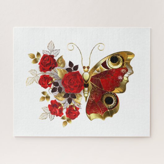 Rode bloem vlinder met rode rozen legpuzzel (Horizontaal)