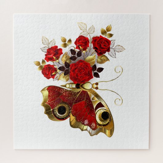 Rode bloem vlinder met rode rozen legpuzzel (Horizontaal)