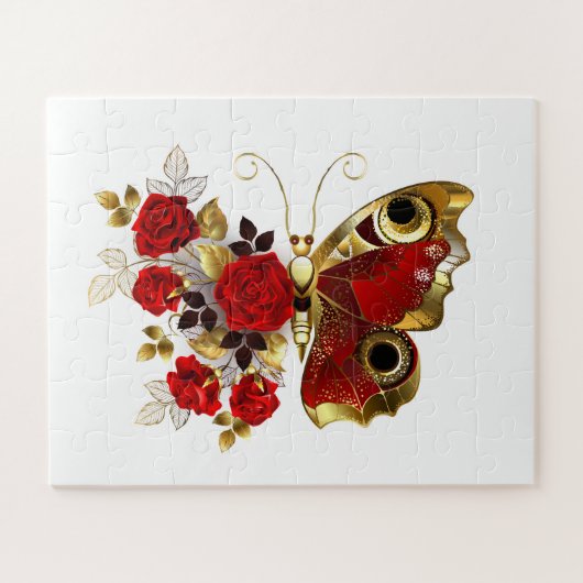 Rode bloem vlinder met rode rozen legpuzzel (Horizontaal)