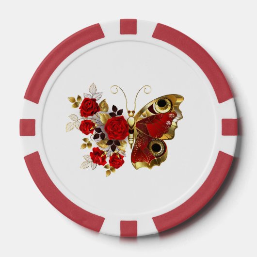 Rode bloem vlinder met rode rozen poker chips (Voorkant)