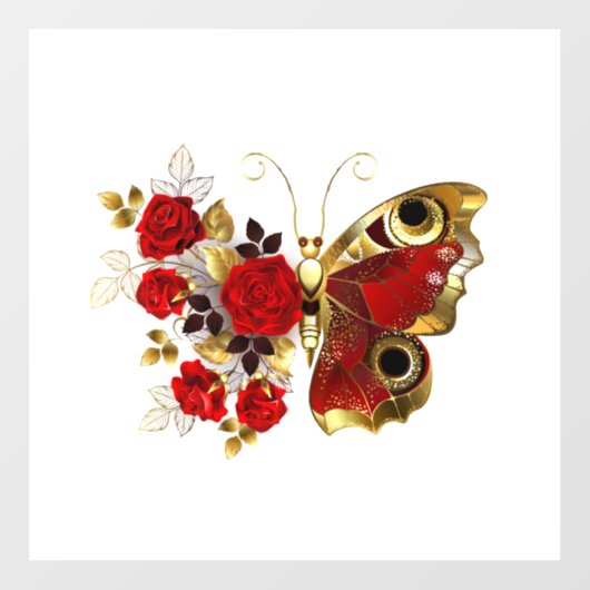 Rode bloem vlinder met rode rozen raamsticker (Vel)