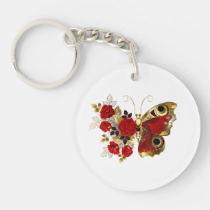 Rode bloem vlinder met rode rozen sleutelhanger