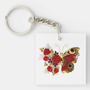 Rode bloem vlinder met rode rozen sleutelhanger