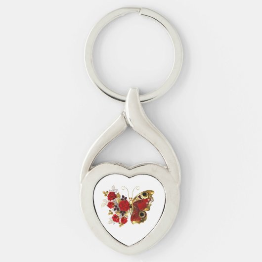Rode bloem vlinder met rode rozen sleutelhanger (Voorkant)