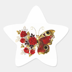 Rode bloem vlinder met rode rozen ster sticker
