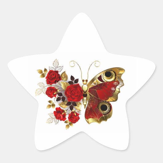 Rode bloem vlinder met rode rozen ster sticker (Voorkant)
