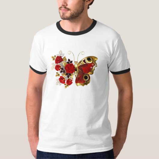 Rode bloem vlinder met rode rozen t-shirt (Voorkant)