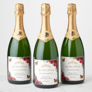 Rode bloem vlinders Goud Quinceañera Verjaardag Sparkling Wijnetiket