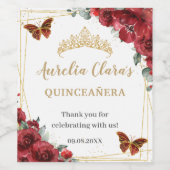 Rode Bloem Vlinders Goud Quinceañera Verjaardag Wijn Etiket (Enkel label)