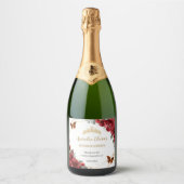 Rode bloem vlinders Gouden Quinceañera verjaardag Sparkling Wijnetiket (Voorkant)