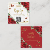 Rode bloem vlinders Quinceanera RSVP QR Code Informatiekaartje (Voorkant / Achterkant)