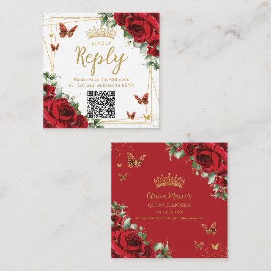 Rode bloem vlinders Quinceanera RSVP QR Code Informatiekaartje (Voorkant / Achterkant)
