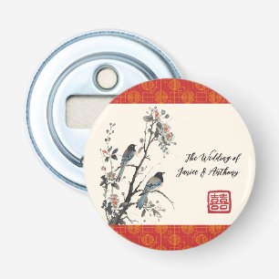 Rode bloem vogel oriëntaals Chinees huwelijk Button Flesopener