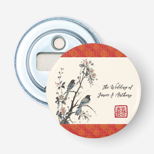 Rode bloem vogel oriëntaals Chinees huwelijk Button Flesopener (Voorkant)