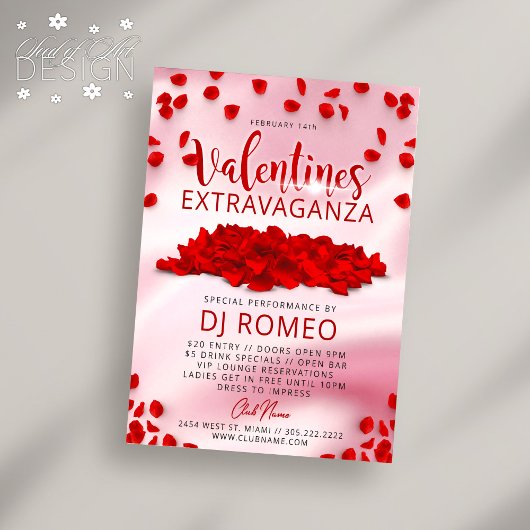 Rode bloemblaadjes Roze Valentijnsdag Extravaganza Flyer