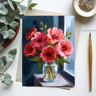 Rode bloemboeketvaas aquarelschildering briefkaart