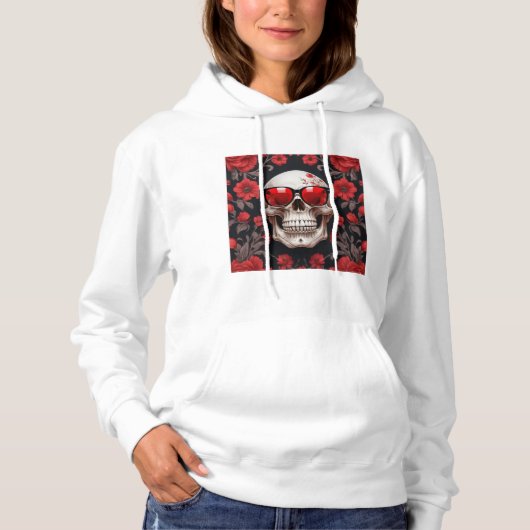Rode Bloemen 3D Dode Schedel met zonnebril Hoodie (Voorkant)