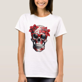 Rode Bloemen 3D Dode Schedel met zonnebril T-shirt