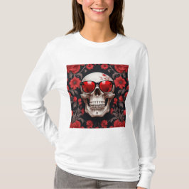 Rode Bloemen 3D Dode Schedel met zonnebril T-shirt