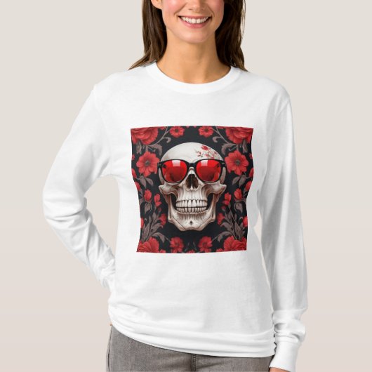 Rode Bloemen 3D Dode Schedel met zonnebril T-shirt (Voorkant)