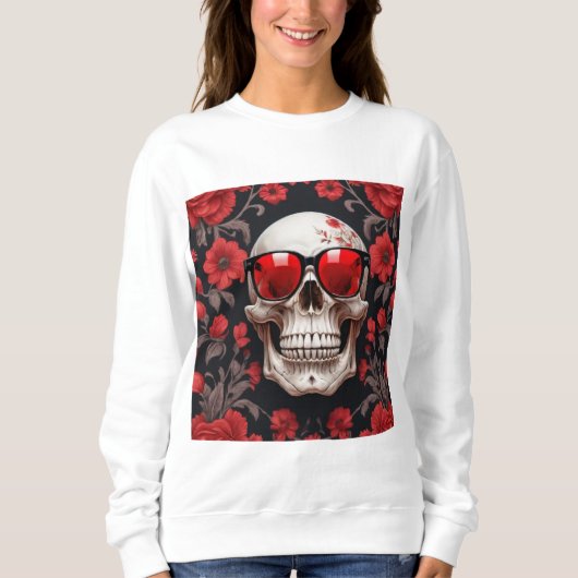 Rode Bloemen 3D Dode Schedel met zonnebril Trui (Voorkant)