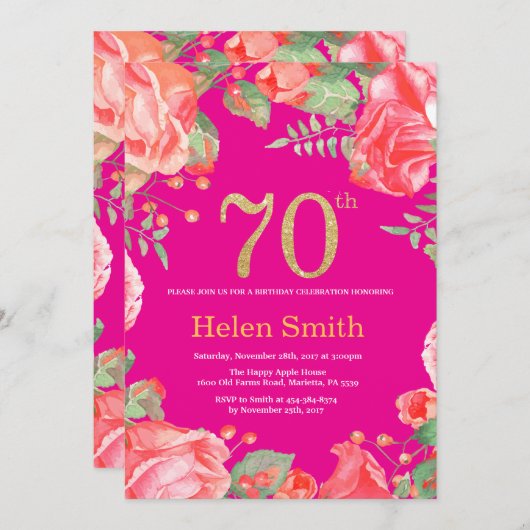 Rode Bloemen 70e Verjaardag Gouden Glitter en Hot  Kaart (Voorkant / Achterkant)