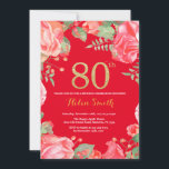 Rode Bloemen 80e Verjaardag Gouden Glitter en Rood Kaart<br><div class="desc">Red Floral 80th Birthday Invitation voor vrouwen. Waterverf botanische bloemen. Gouden Glitter. Rode achtergrond. Roze pioenrozen bloemen. Verjaardag voor volwassenen. Voor verdere aanpassing klikt u op de knop "Aanpassen" en gebruikt u onze ontwerptool om deze sjabloon te wijzigen.</div>
