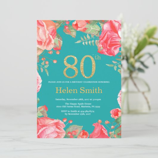 Rode bloemen 80ste verjaardag gouden glitter en tu kaart (Staand voorkant)