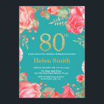 Rode bloemen 80ste verjaardag gouden glitter en tu kaart<br><div class="desc">Uitnodiging voor 80ste verjaardag met rode bloemen voor vrouwen. Waterverf botanische bloemen. Gouden glitter. Turquoise aqua blauwgroene achtergrond. Roze pioenrozen bloemen. Volwassen verjaardag. Voor verdere aanpassing,  klik op de "Pas het aan" knop en gebruik onze ontwerp tool om deze template aan te passen.</div>