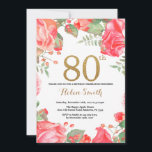 Rode Bloemen 80ste Verjaardag Uitnodiging Gouden G<br><div class="desc">Red Floral 80th Birthday Invitation voor vrouwen. Waterverf botanische bloemen. Gouden Glitter. Roze pioenrozen bloemen. Verjaardag voor volwassenen. Voor verdere aanpassing klikt u op de knop "Aanpassen" en gebruikt u onze ontwerptool om deze sjabloon te wijzigen.</div>
