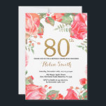 Rode Bloemen 80ste Verjaardag Uitnodiging Gouden G<br><div class="desc">Red Floral 80th Birthday Invitation voor vrouwen. Waterverf botanische bloemen. Gouden Glitter. Roze pioenrozen bloemen. Verjaardag voor volwassenen. Voor verdere aanpassing klikt u op de knop "Aanpassen" en gebruikt u onze ontwerptool om deze sjabloon te wijzigen.</div>