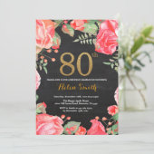 Rode Bloemen 80ste Verjaardag Uitnodiging Gouden G (Staand voorkant)