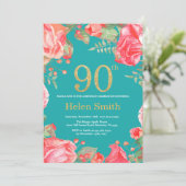 Rode Bloemen 90e Verjaardag Gouden Glitter en Blau Kaart (Staand voorkant)