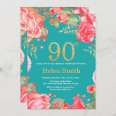 Rode Bloemen 90e Verjaardag Gouden Glitter en Blau Kaart (Voorkant / Achterkant)