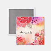 Rode bloemen aangepaste tekst magneet (Voorkant / Achterkant)