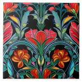 Rode bloemen Art Deco Art Nouveau Tegeltje (Voorkant)