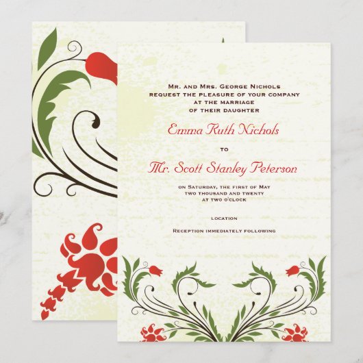 Rode Bloemen  Art Nouveau bruiloft Uitnodigen Kaart (Voorkant / Achterkant)